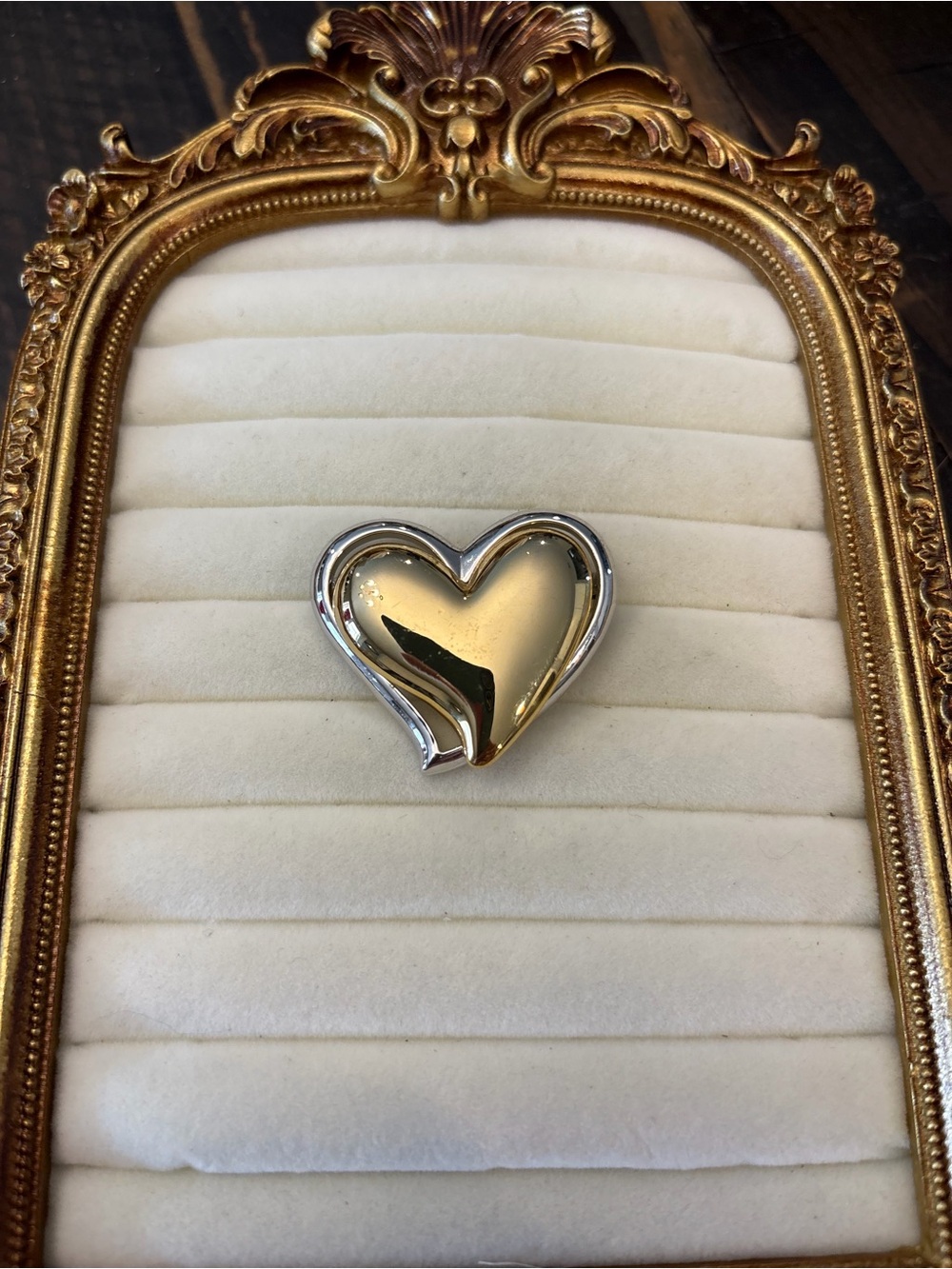 Double Heart Shaped Brooch Pin Gold & Silver Signed 2005 F.L. 1.5” Length LOVE